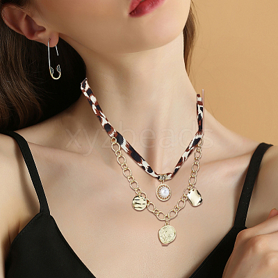 Alloy Crystal Rhinestone with Imitaiton Pearl Pendant Polyester Collar Necklaces for Women NJEW-SP0001-17A-1