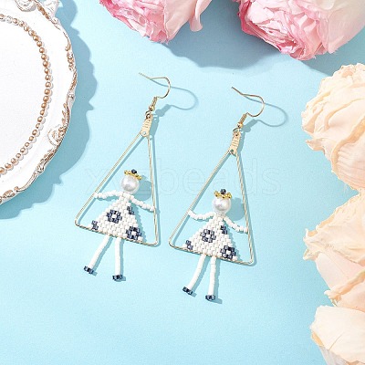 2Pair Girl with Triangle Brass Glass Seed Beads Dangle Earrings EJEW-MZ00453-1