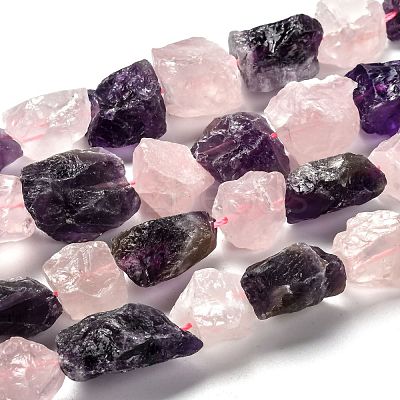 Rough Raw Natural Rose Quartz & Amethyst Beads Strands G-J388-04-1