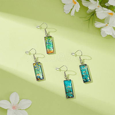 2 Pairs 2 Colors Glass Rectangle with Leaf Dangle Earring EJEW-FI0001-16-1
