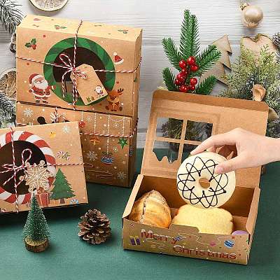 12 pcs 4 Styles Christmas Theme Kraft Paper Gingerbread Candy Boxes with PET Window ST-CJ0010-15-1