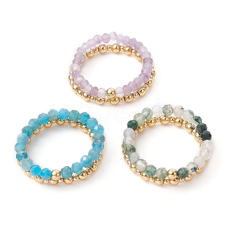 3 Set 3 Style Natural Mixed Gemstone & Brass Round Beaded Stretch Rings Set RJEW-TA00088-1