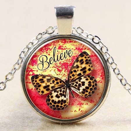 Butterfly with Believe Pattern Flat Round Glass Pendant Necklaces NJEW-N0051-008A-02-1