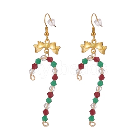 Glass Christmas Candy Cane with Alloy Bowknot Dangle Earrings EJEW-JE04971-03-1