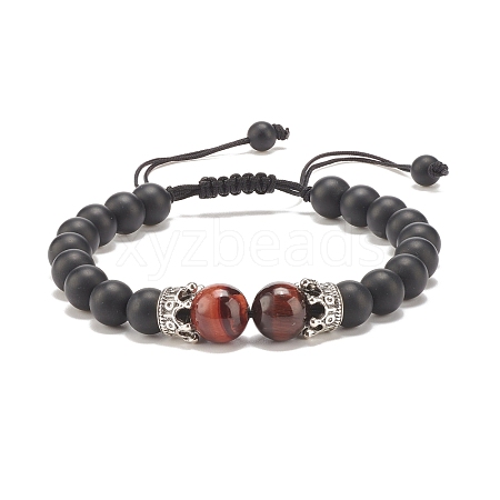 Natural Frosted Dyed & Heated Black Agate & Tiger Eye Braided Bead Bracelet with Alloy Crown BJEW-JB08249-05-1