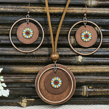 Bohemian Alloy Enamel & Wood Pendant Necklaces & Dangle Earrings Sets WG0DDDA-04-1