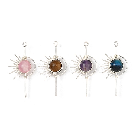 4Pcs 4 Styles Dyed Natural Green Jade & Amethyst & Yellow Tiger Eye & Dyed Blue Tiger Eye Round Wire Wrapped Pendants PALLOY-TA00451-1