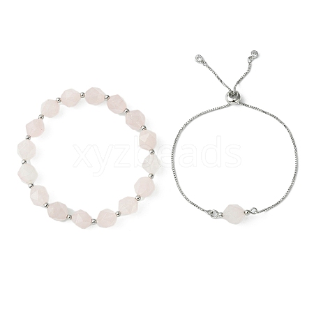 2Pcs 2 Style Natural Rose Quartz Beaded Stretch Bracelets Set BJEW-TA00294-1