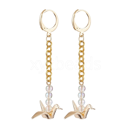 Origami Crane Brass Chain Dangle Earrings with Acrylic Beads EJEW-JE05887-1