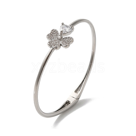 Rack Plating Brass Pave Clear Cubic Zirconia Clover & Heart Hinged Bangles BJEW-H616-01P-1