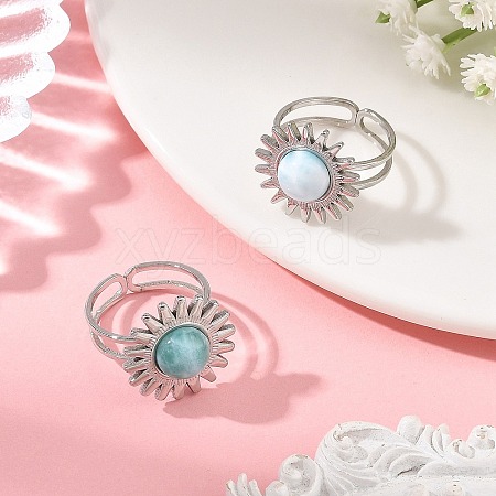 Natural Larimar Cabochons & Stainless Steel Cuff Open Rings RJEW-JR01090-02-1