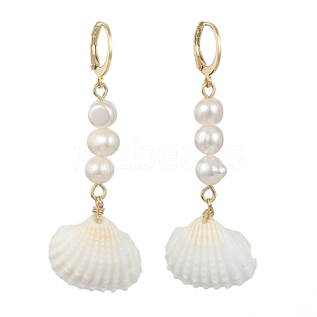 Shell Shape Natural Pearl & Shell Dangle Earrings for Women EJEW-TA00302-1