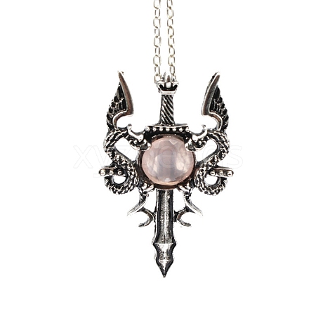 Natural Rose Quartz Dragon Sword Pendant Necklace G-PW0004-67C-1