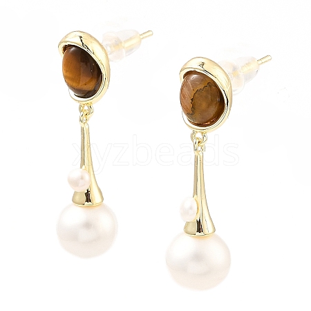 Natural Pearl & Tiger Eye Dangle Stud Earrings EJEW-K252-06G-1