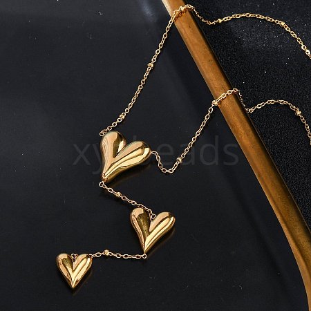 304 Stainless Steel Y-Shaped 3 Heart Pendant Necklaces NJEW-U026-04G-1