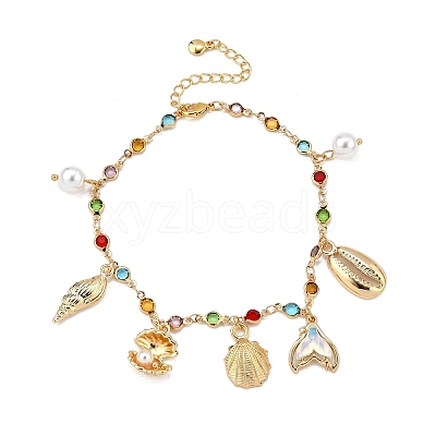 Bohemian Brass Glass Flat Round Link Chain Anklets AJEW-Z046-09G-1