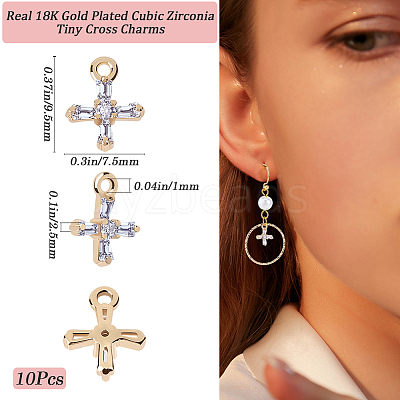 10Pcs Brass Clear Cubic Zirconia Tiny Cross Charms KK-BBC0015-92-1