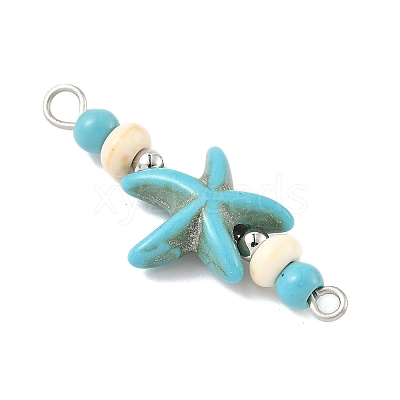 Dyed Synthetic Turquoise Starfish Rondelle Round Beaded Connector Charms PALLOY-JF04015-01-1