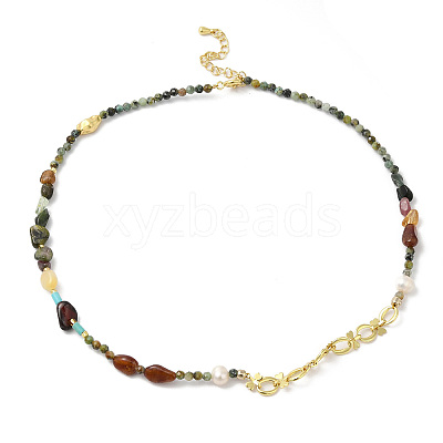 Natural Topaz Jade & Tourmaline Chips & Pearl Beaded Necklace NJEW-G099-03G-1