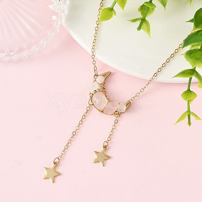Natural Rose Quartz Chip Beads Moon Pendant Brass Cable Chain Necklaces for Women NJEW-TA00257-03-1