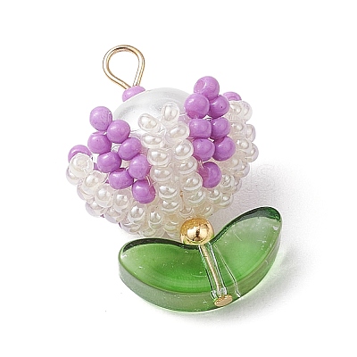 Handmade Nylon Wired Glass Beaded Pendants with Glass Pearl Round Bead and 304 Stainless Steel Flat Head Pins PALLOY-MZ00505-1