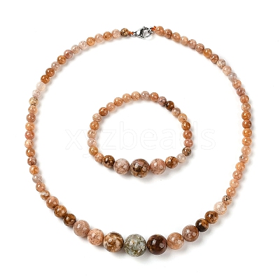 Natural Agate Round Beads Bracelets & Necklaces Sets SJEW-L132-22-1