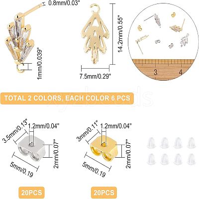 6 Pairs 2 Colors Brass Micro Pave Cubic Zirconia Stud Earring Findings with Loops KK-NB0002-51-1