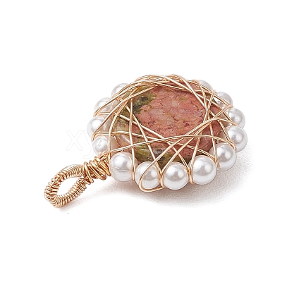 Copper Wire Wrapped Natural Black Agate/Green Aventurine/Rose Quartz/Unakite/Carnelian Pendants PALLOY-JF02891-1
