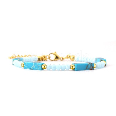 Bohemian Dyed Synthetic Imperial Jasper Cuboid and Glass Beaded Bracelets with 304 Stainless Steel End Chains PX2979-5-1
