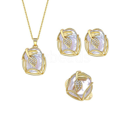 Natural Freshwater Pearl Pendant Necklaces & Stud Dangle Earrings & Rings Sets FS-WG70A16-01-1
