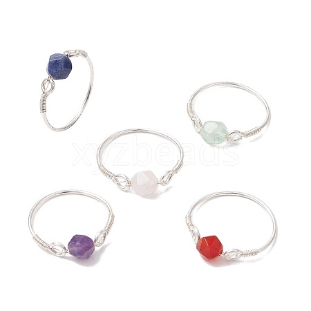 Faceted Round Natural Rose Quartz & Amethyst & Fluorite & Carnelian & Sodalite Beads Finger Rings RJEW-JR00792-1