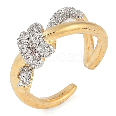 Knot Brass Micro Pave Clear Cubic Zirconia Open Cuff Ring for Women RJEW-Q819-10G-1