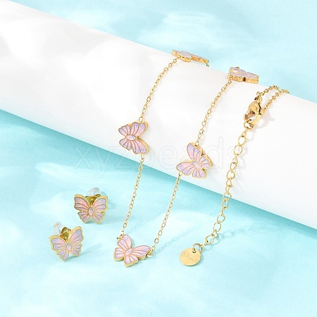 Butterfly 304 Stainless Steel Enamel Necklaces & Stud Earrings Setss for Women SJEW-K003-04G-1