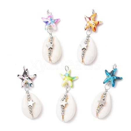 5Pcs 5 Colors Starfish Dyed Synthetic Turquoise & Natural Cowrie Shell Pendants PALLOY-JF03936-1