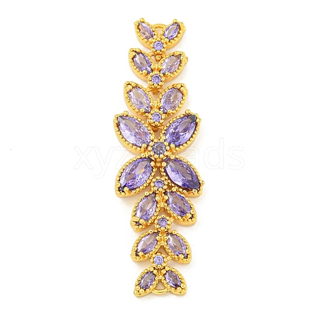 Brass Pave Lilac Cubic Zirconia Flower with Leaf Links Connector Charms KK-P277-52G-03-1