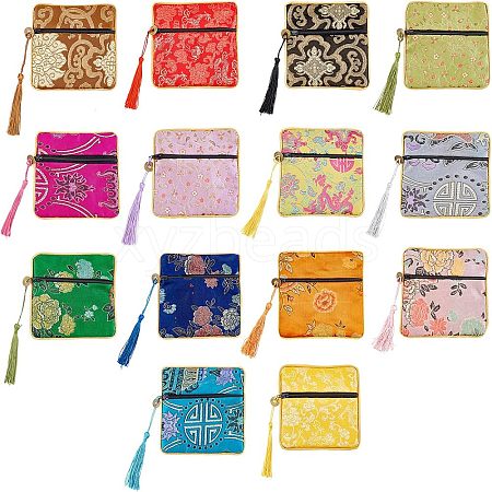  14Pcs 14 Colors Chinese Brocade Tassel Zipper Jewelry Bag Gift Pouch ABAG-NB0001-21-1