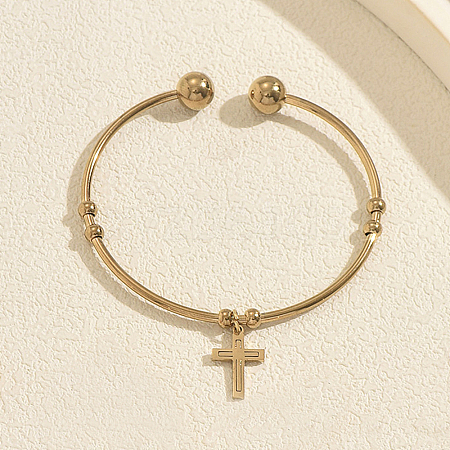 201 Stainless Steel Religion Cross Charm Open Cuff Torque Bangles for Women DV6397-2-1