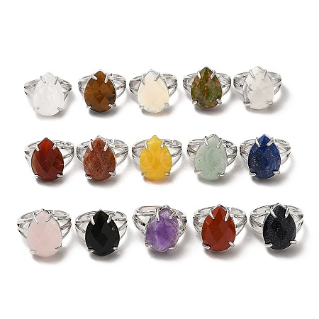 Synthetic & Natural Mixed Gemstone Teardrop Adjustable Rings RJEW-K241-03P-1