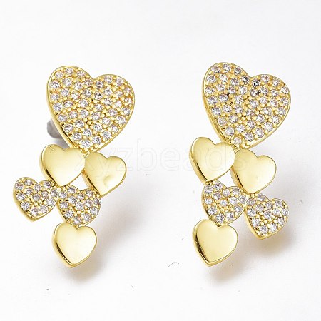 Brass Micro Pave Clear Cubic Zirconia Heart Stud Earrings ZIRC-I049-33G-01-1