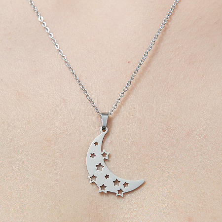 201 Stainless Steel Hollow Moon & Star Pendant Necklace NJEW-OY001-71-1