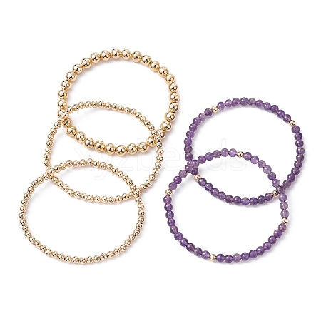 5Pcs 5 Style Natural Amethyst & Brass Beaded Stretch Bracelets Set for Women BJEW-JB09663-01-1