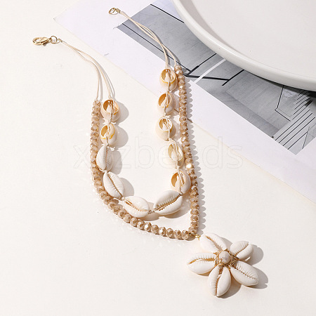 Summer Beach Natural Cowrie Shell & Glass Flower Pendant Double Layered Necklaces for Women FS-WGA7A0B-02-1
