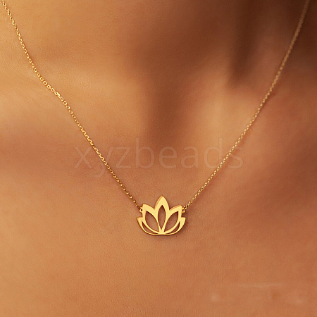 Buddhist Hollow Lotus Flower 201 Stainless Steel Pendant Necklaces for Women FS-WGA47F0-02-1