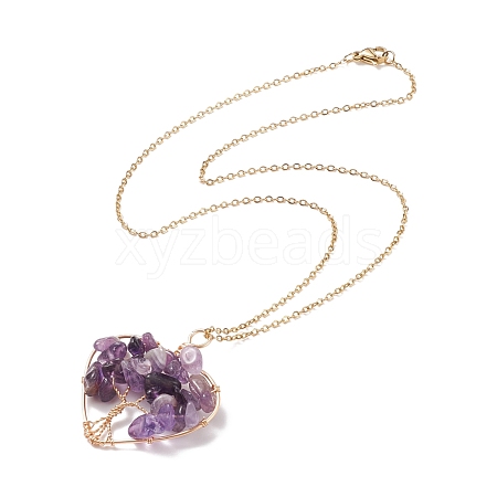 Natural Amethyst Chips Heart with Tree of Life Pendant Necklace NJEW-JN03906-03-1