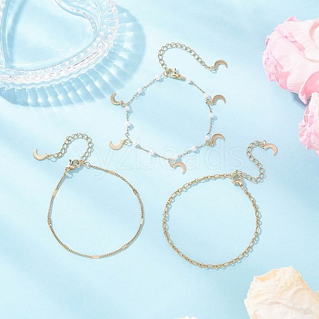 Round ABS Imitation Pearl Beaded Chains & 304 Stainless Steel Cable Chains Stackable Bracelets for Women BJEW-JB12452-03-1