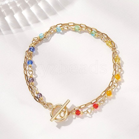 304 Stainless Steel Paperclip Chain & Glass Beads Link Chain Multi-strand Bracelets for Women BJEW-JB13557-1