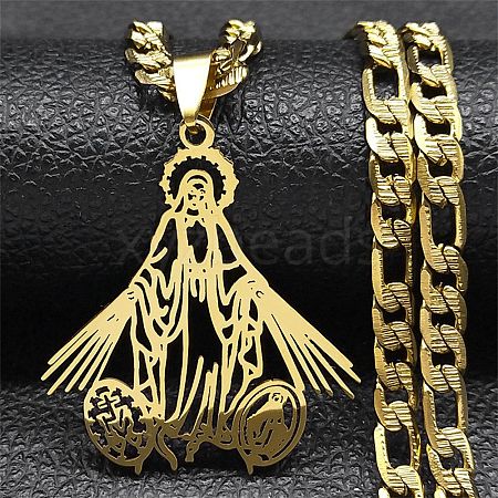 304 Stainless Steel Hollow Virgin Mary Pendant Figaro Chain Necklaces STAS-D196-08G-1