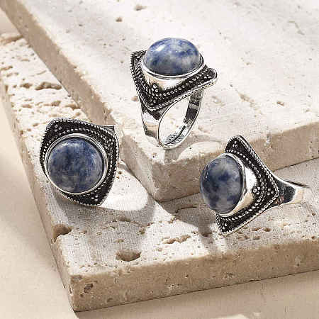 Natural Blue Spot Jasper Adjustable Rings G-P560-03AS-18-1