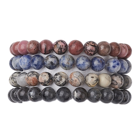 4Pcs Constellation 8mm Round Natural Larvikite & Blue Spot Jasper & Rhodonite & Picasso Jasper Beaded Stretch Bracelets for Women BJEW-JB10639-1