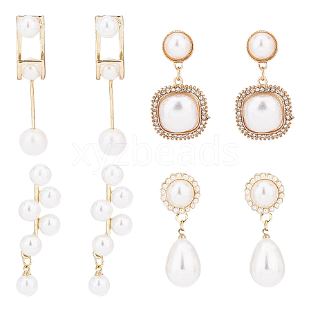 ANATTASOUL 4 Pairs 4 Style Exquisite Plastic Imitation Pearl Beaded Dangle Stud Earrings EJEW-AN0002-09-1